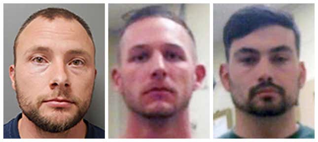 This combination of photos provided by the Ouachita Correctional Center and Franklin Parish Sheriff’s Office shows, from left, former Louisiana State Police Troopers Jacob Brown, Dakota DeMoss and George “Kam” Harper. State prosecutors have charged the three, accused of beating Black motorist Antonio Harris in 2020, hoisting him to his feet by his hair braids and bragging in text messages that the “whoopin’” would give him “nightmares for a long time.”