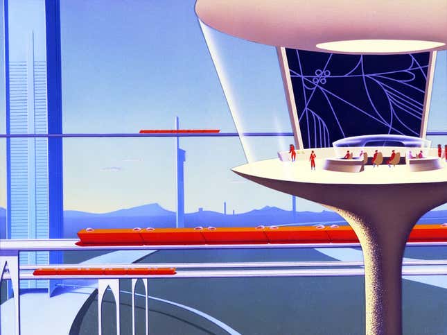 A truck train flows into the city on elevated tracks, delivering produce straight to consumers in “Magic Highway USA.”