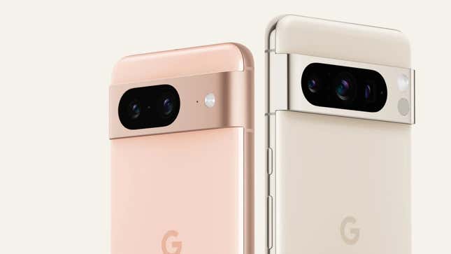 The Pixel 8 and Pixel 8 Pro, one in rose pink and the other in Porcelain
