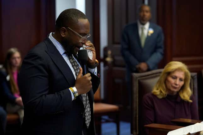Florida Sen. Shevrin Jones, left, speaks about his proposed amendment to a bill, dubbed by opponents as the “Don’t Say Gay” bill, to forbid discussions of sexual orientation and gender identity in schools, during a legislative session at the Florida State Capitol, Monday, March 7, 2022, in Tallahassee, Fla.