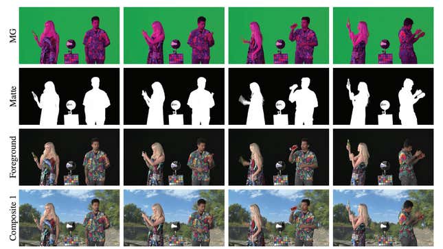 Sixteen photos laid out in a grid showing the green screen process. The top row shows actors in magenta against a green background, the second row shows them in black and white, the third in natural lighting against a black background, and the final in natural lighting against a background of a park.
