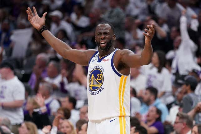 Apr 15, 2023; Sacramento, California, USA; Golden State Warriors forward Draymond Green (23) looks for a foul call after a play against the Sacramento Kings in the third quarter during game one of the 2023 NBA playoffs at the Golden 1 Center.