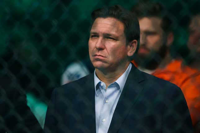 Florida governor Ron DeSantis is in attendance during the UFC 273 event at VyStar Veterans Memorial Arena on April 09, 2022, in Jacksonville, Florida. 