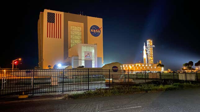NASA’s Artemis I Moon rocket arrived at the spaceport’s Launch Complex 39B after an eight-hour journey.