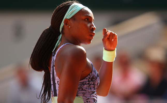 Coco Gauff of United States celebrates a point against Martina Trevisan of Italy during the Women’s Singles Semi Final on day 12 at Roland Garros on June 02, 2022 in Paris, France. (Photo by Adam Pretty/Getty Images)