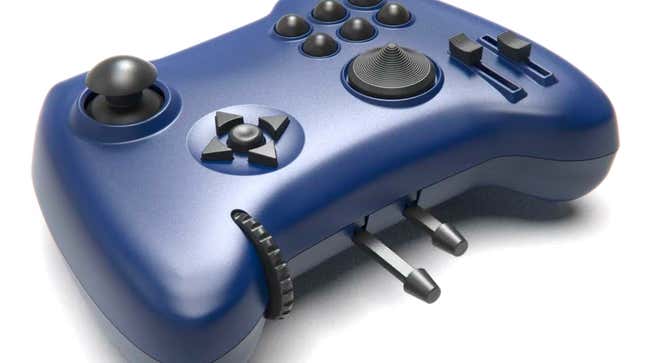 A close-up of a render of the Yawman Arrow controller in blue against a white background.