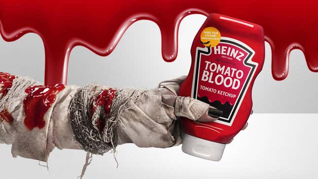 Zombie hand holding out bottle of Tomato Blood ketchup