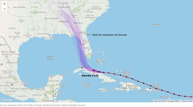 The potential paths of Hurricane Irma.