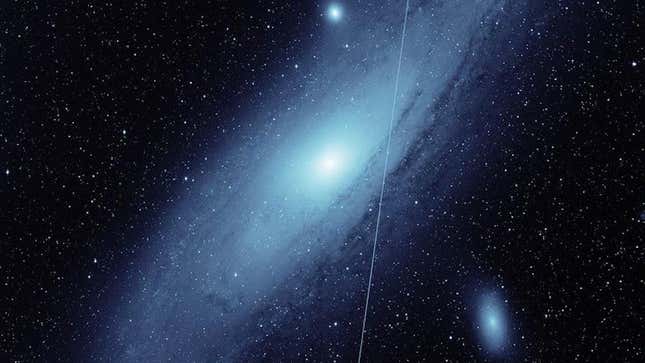 A Starlink satellite streak appears in a ZTF image of the Andromeda galaxy, as pictured on May 19, 2021. 