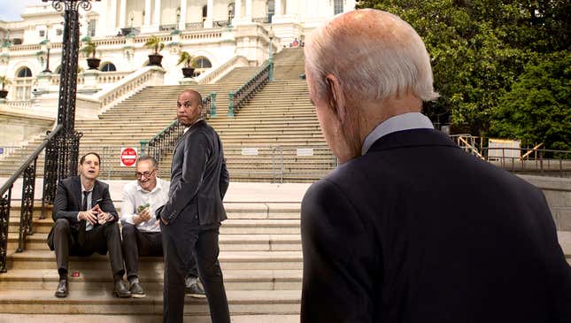 Image for article titled Nervous Biden Rushes Past Intimidating Circle Of Senators Smoking Weed On Capitol Steps