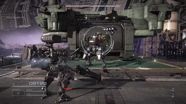 Two mechs face off on a metal platform. 