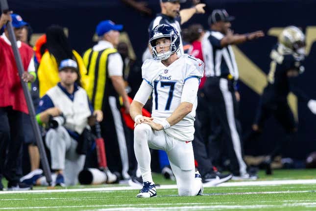 Sep 10, 2023; New Orleans, Louisiana, USA;  Tennessee Titans quarterback Ryan Tannehill (17) reacts to being tackled by the New Orleans Saints during the first half at the Caesars Superdome.