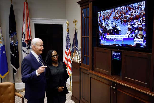 U.S. President Joe Biden and Judge Ketanji Brown Jackson watch together as the U.S. Senate votes to confirm her to be the first Black woman to be a justice on the Supreme Court in the Roosevelt Room at the White House on April 07, 2022, in Washington, DC.