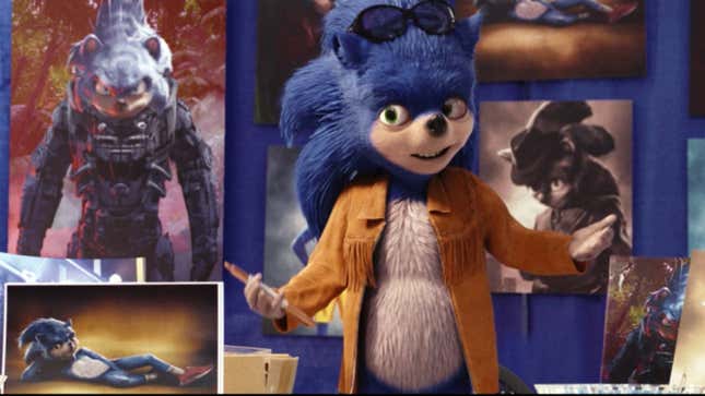 A Chip ‘n Dale: Rescue Rangers screenshot showing Ugly Sonic, Paramount Pictures’ original design for its 2020 live-action Sonic the Hedgehog film, now with a dad bod.