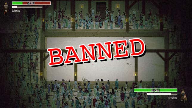 A screenshot of the game Domina has the word "Banned" stamped on it in bold red letters.