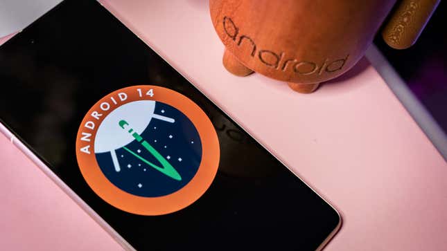 Android 14 logo on a phone