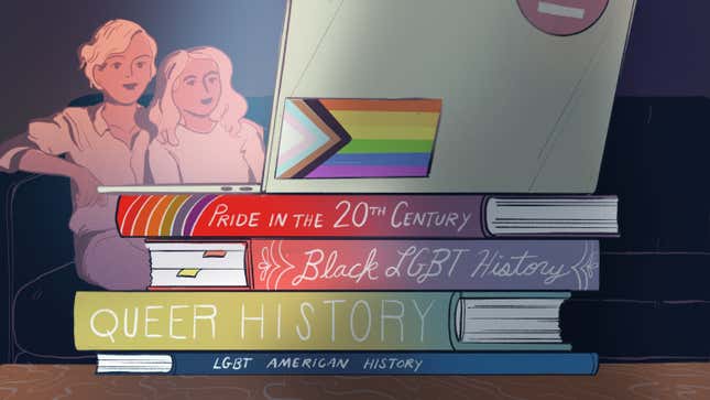 An illustration of two women snuggling on a couch, looking at a laptop with a sticker of a rainbow flag on the back, sitting on top of a stack of books about LGBTQ history