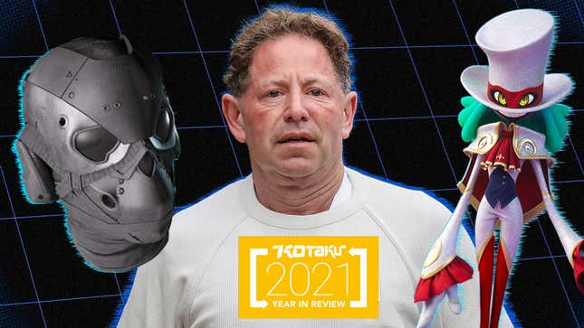 An Ubisoft NFT helmet, Activision Blizzard CEO Bobby Kotick, and a character from Balan Wonderworld appear before a dark gridded background.