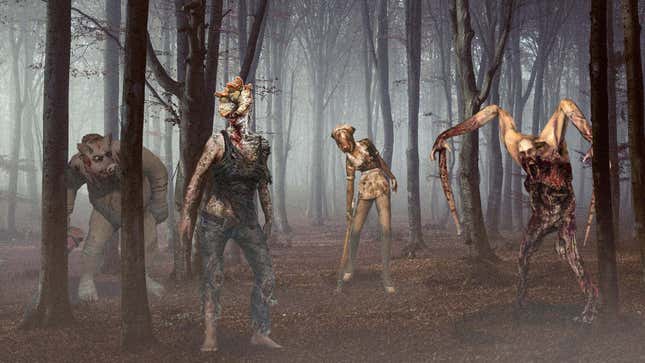 A host of scary monsters, from Dead Space's necromorph to Silent Hill 2's Bubble Head Nurse, saunters toward you in a spooky forest.