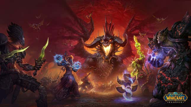 A Blizzard wallpaper for World of Warcraft Classic showing players facing off against a massive dragon. 