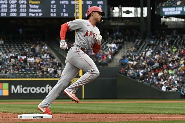 Apr 5, 2023; Seattle, Washington, USA; Los Angeles Angels catcher Logan O&#39;Hoppe (14) runs around third base after hitting a two-run home run against the Seattle Mariners during the second inning at T-Mobile Park.