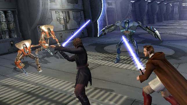 A screenshot shows two Jedi with blue lightsabers fighting droids. 
