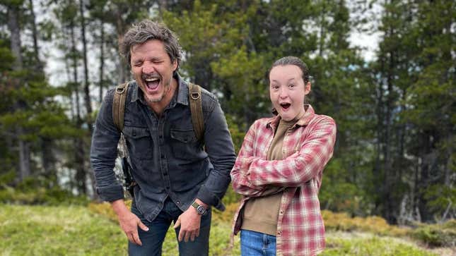 Pedro Pascal and Bella Ramsey laugh during the filming of The Last of Us.