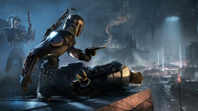 An armored bounty hunter stands over his capture prey in a bleak, futuristic city.