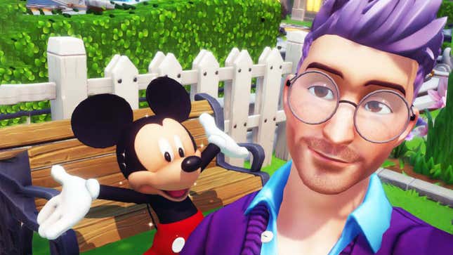 Mickey Mouse cheers behind a man with purple hair and glasses. 