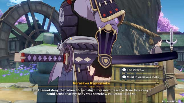 A samurai wears a large samurai sworn facing down.