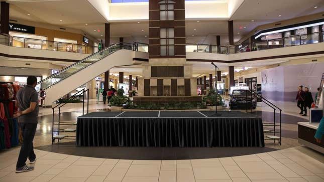 Image for article titled Entire Shopping Mall Quietly Dreading Whatever Empty Stage Set Up For