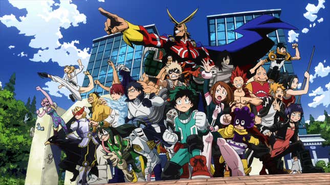 Class 1-A and All Might from Funimation's My Hero Academia, standing in front of UA. 