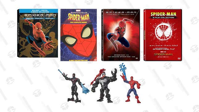Spider-Man Trilogy Collection | $22 | Amazon
Hasbro Marvel Super Hero Mashers | $27 | Amazon
The Spectacular Spider-Man: The Complete Series | $16 | Amazon
Spider-Man Five-Movie Collection | $13 | Amazon
Spider-Man 6-Film Collection | $24 | Amazon