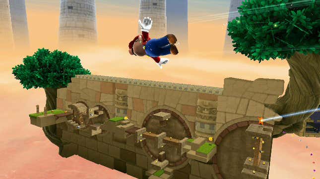 Mario flies to some ancient ruins. 