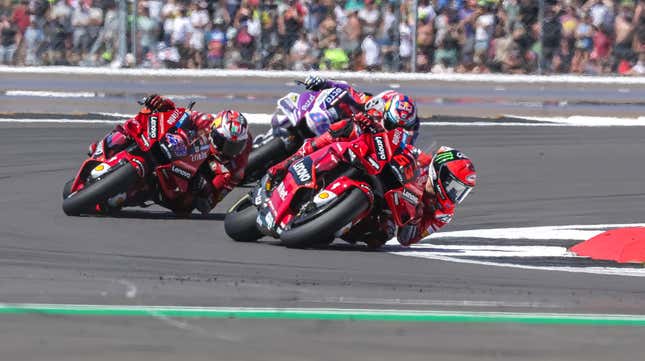 Pecco Bagnaia (Ducati), Jack Miller (Ducati), Jorge Martín (Pramac Ducati) in action during the race of the MotoGP Monster Energy British Grand Prix at Silverstone Circuit on August 07, 2022 in Northampton, England.
