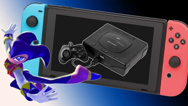 The jester-like Sega character NiGHTs flies in front of a Nintendo switch displaying a photo of the Sega Saturn and its gamepad.