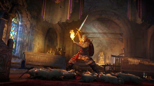 An Assassin's Creed character is using a sword and torch to ward off what appears to be plague rats in an opulent cathedral.