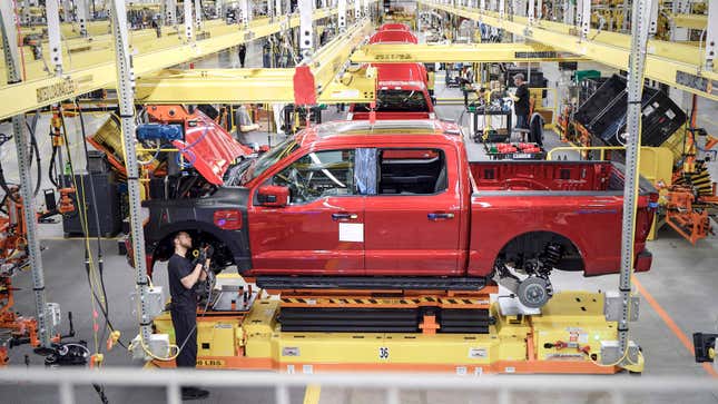 A photo of the Ford F1-50 Lightning production line. 