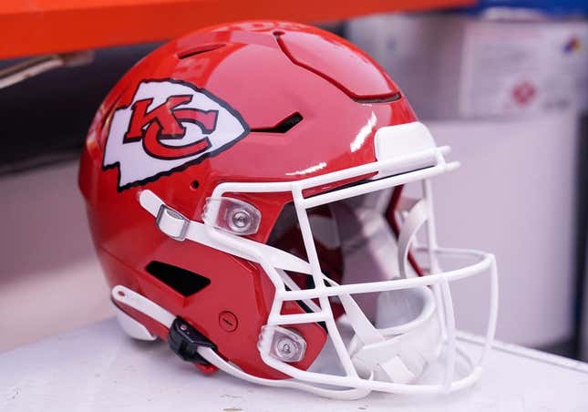 Jan 21, 2023; Kansas City, Missouri, USA; A general view of a Kansas City Chiefs helmet prior to an AFC divisional round game against the Jacksonville Jaguars at GEHA Field at Arrowhead Stadium.
