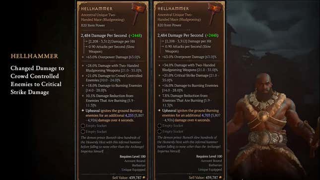A slide details changes to an item in an upcoming Diablo IV patch.