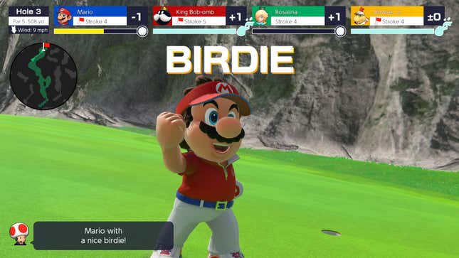 Mario scores a birdie in Mario Golf: Super Rush