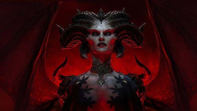 Diablo IV character Lilith stands in front of a red background.