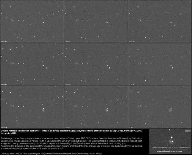 Views of the DART impact, as captured by the Virtual Telescope Project.