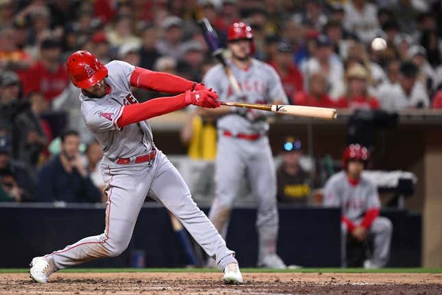 Jul 3, 2023; San Diego, California, USA; Los Angeles Angels left fielder Taylor Ward (3) hits an RBI double against the San Diego Padres during the sixth inning at Petco Park.