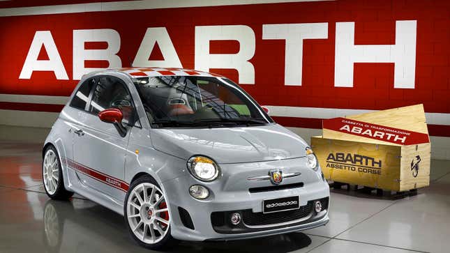 A grey Abarth 500 with red detailing 