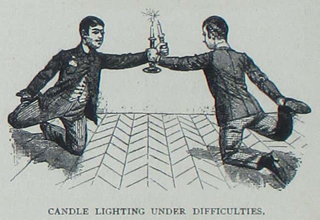 Two gentlemen in suits balance on their knees while holding candles aloft, their arms crossing. The caption reads: "Candle lighting under difficulties."