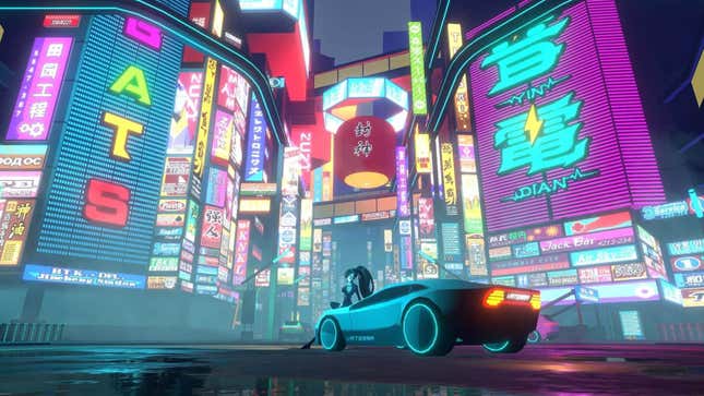 A woman sits on the hood of a sports car as she looks on neon lights that beam from a futuristic city.
