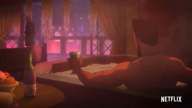 vesemir drinking wine in a bathtub in witcher nightmare of the wolf