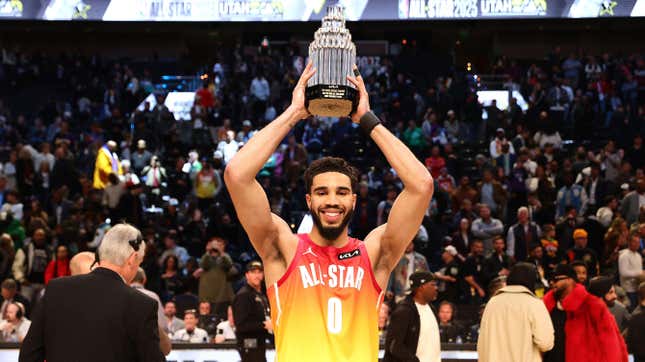 Jayson Tatum of the Boston Celtics holds The Kobe Bryant MVP Trophy after the 2023 NBA All-Star Game.