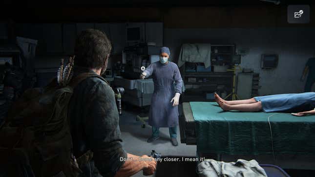 A surgeon tries to fend Joel off with a scalpel in a moment from the game The Last of Us.